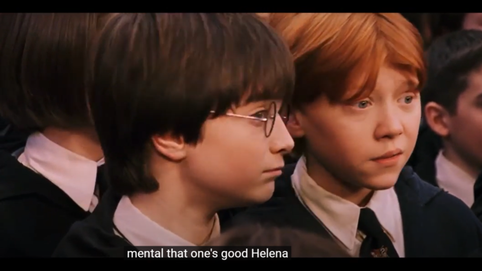 Screenshot from Harry Potter and the Sorcerer's Stone with captions that read, "mental that one's good Helena."