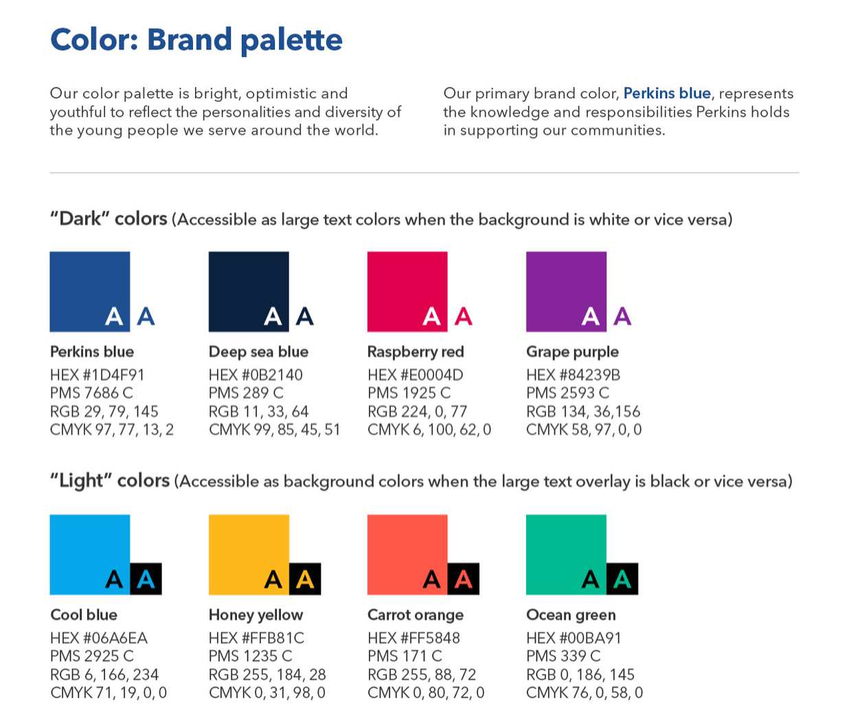 Screenshot of an excerpt from the Perkins brand color palette showing the Hex, PMS, RGB and CMYK values for dark and light colors.