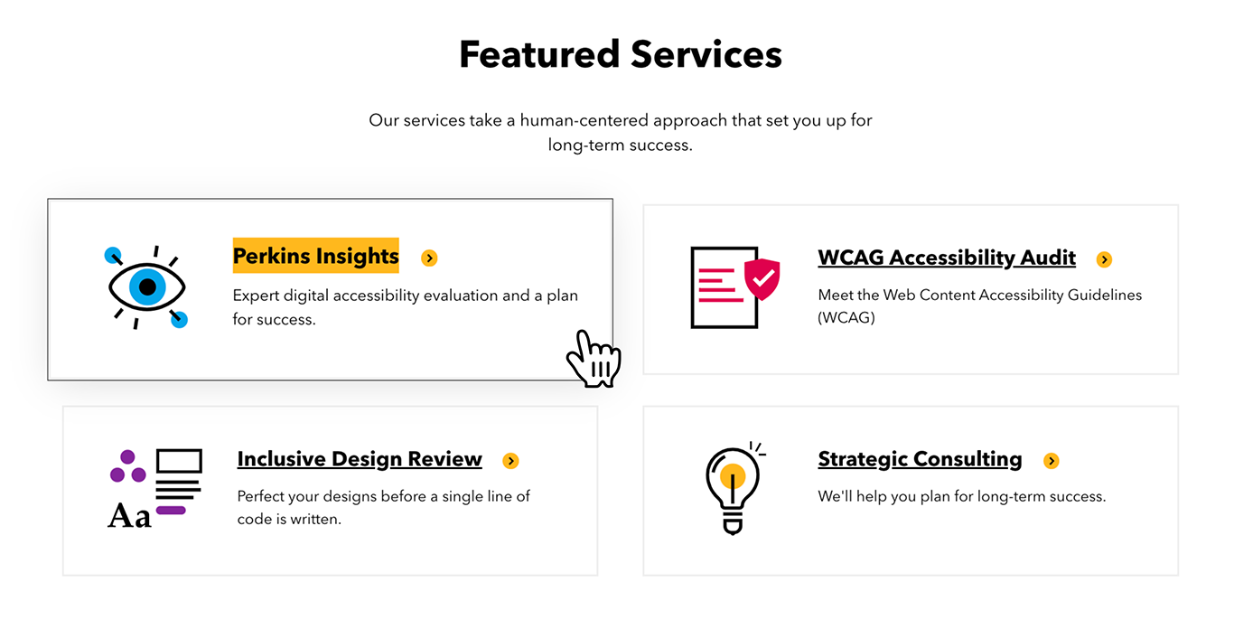 A service card element is hovered over, showing an increase in the clickable area compared to the other service cards. There is a border around the element and the underline from the link disappears, replaced by a yellow background color behind the service name.