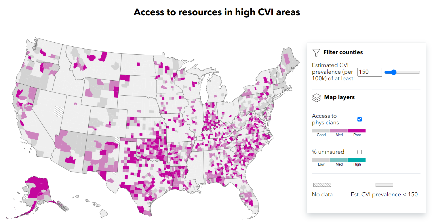 Access to resources in high CVI areas United States map, next to filter controls and legends, as found on the CVI by the numbers page